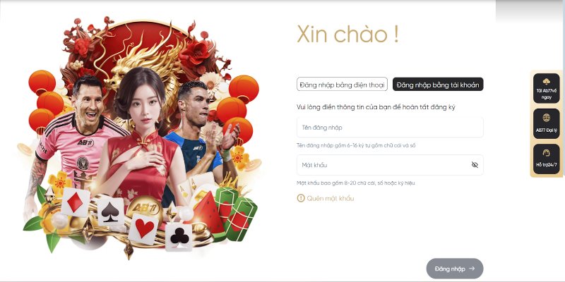 Đăng nhập AB77 thông qua tài khoản đã đăng ký